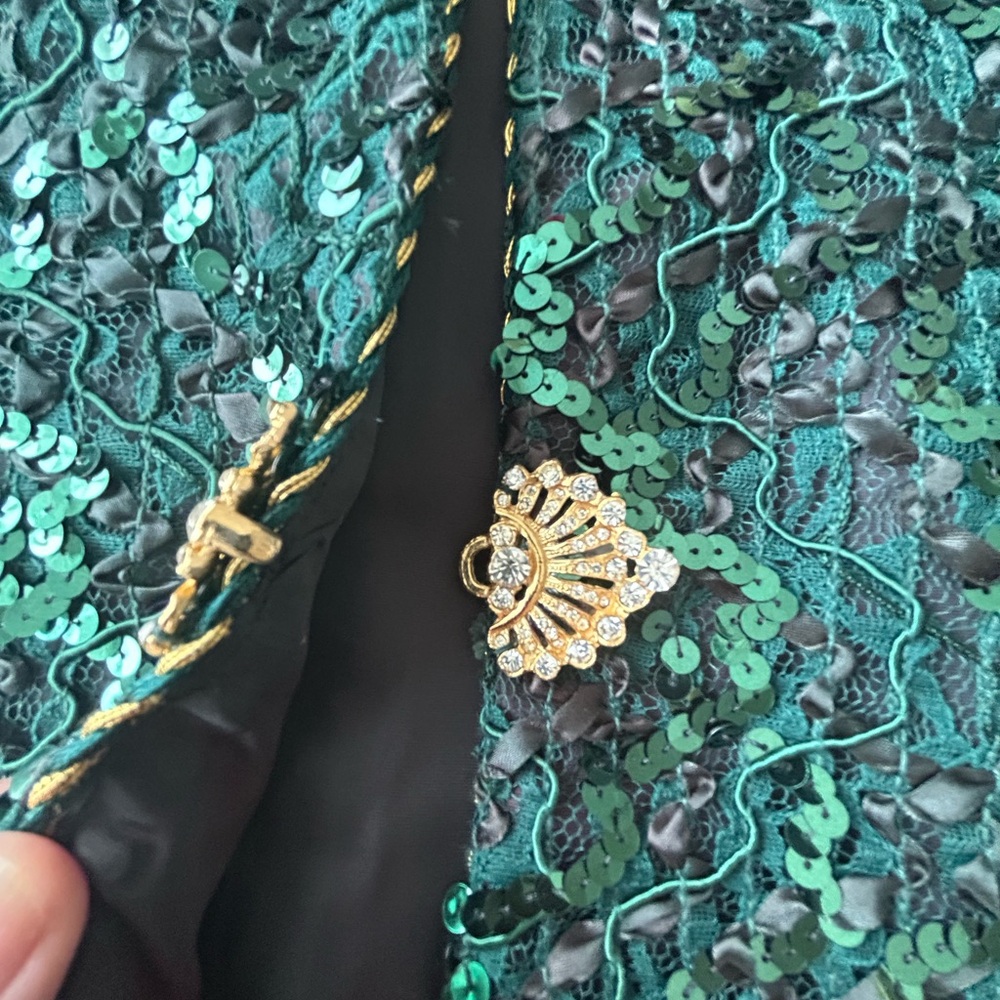 Karen Lawrence By Matthew Sequin Jacket Green 8 Vintage Gold Cord Detail Glam - Picture 8 of 15